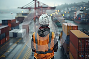 A cargo port worker inspecting the container ship docked at sea, with cranes and containers in the background