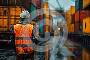 A cargo port worker inspecting containers in warehouse, with cranes and containers in the background