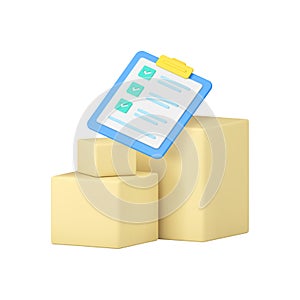 Cargo postal parcel delivery and storage service with clipboard checkmark 3d icon realistic vector