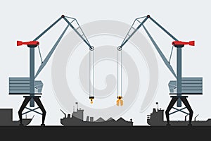 Cargo seaport with cranes and ships. Modern flat design style. Simple vector icons.