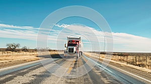 A cargo semi-truck is seen driving down a desert road under the hot sun