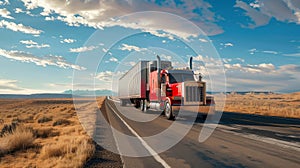 A cargo semi-truck is seen driving down a desert road under the hot sun