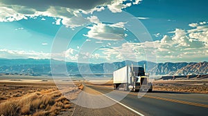 A cargo semi-truck is seen driving down a road in a desert landscape