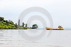 Cargo ship anchored at the shore, Kivu lake, Rwanda