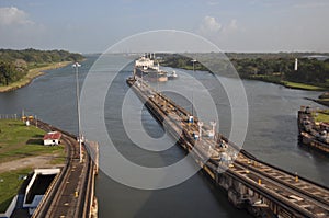 Cargo Ship approaching Panama Canal Locks