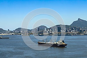 Cargo ship arrives at Guanabara Bay in the city of Rio de Janeiro, Brazil.