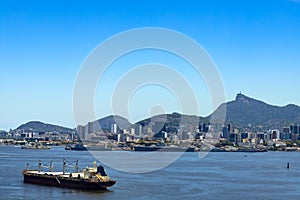 Cargo ship arrives at Guanabara Bay in the city of Rio de Janeiro, Brazil. photo