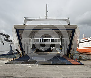 Cargo ship back side view