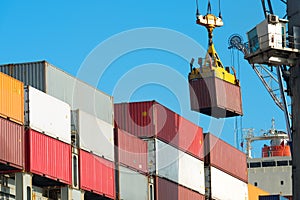 Cargo ship being loaded with containers at port