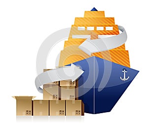 Cargo ship, boxes, and movement arrows