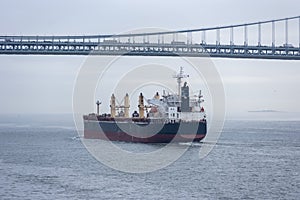 Cargo ship, bulk carrier, sailing under the Verrazzano-Narrows Bridge.