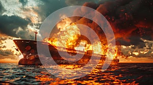 Cargo ship burning on fire with large scale smoke