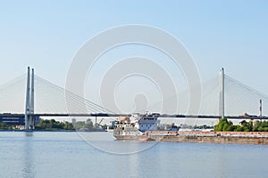 Cargo ship and cable-braced bridge