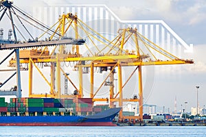 Cargo ship, cargo container and crane at port. Concept of decrease, business