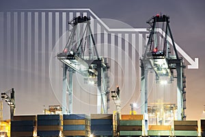 Cargo ship, cargo container and crane at port. Concept of decrease, business