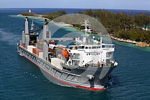 Cargo Ship coming into port in Nassau