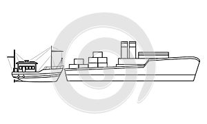 Cargo ship with container boxes and fishing boat black and white