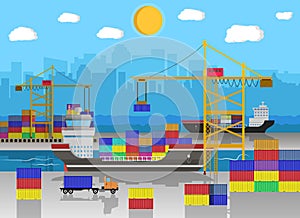 Cargo ship, container crane, truck. port logistics