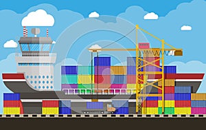 Cargo ship, container crane, truck. port logistics