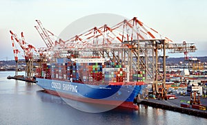 Cargo ship in the container terminal of Newark, NJ.