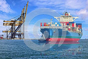 A cargo ship with containers arrives at the port.