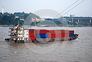 Cargo ship with containers at the bank of Yangtze river