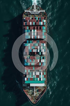 Cargo ship with containers at sea, top view. Vertical illustration. AI generative