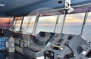 Cargo ship - control console on the navigational bridge.