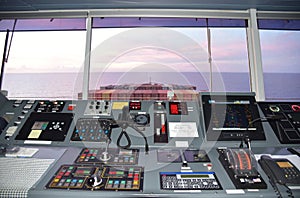 Cargo ship - control console on the navigational bridge.