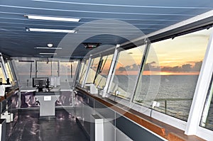 Cargo ship - control console on the navigational bridge.