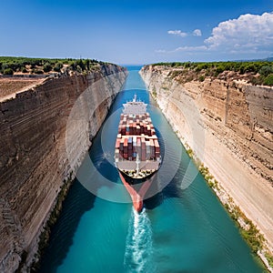 cargo ship in Corinth canal, AI generated