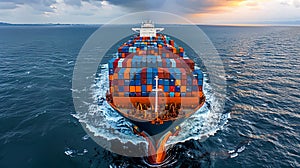 Cargo ship cutting through sea, freight transportation, global shipping