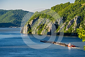 Cargo ship at Danube gorge in Djerdap on the Serbian-Romanian border