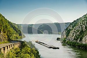 Cargo ship at Danube gorge in Djerdap on the Serbian-Romanian border