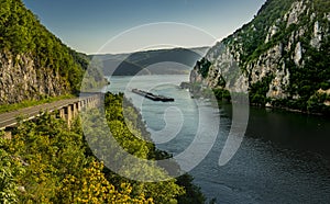 Cargo ship at Danube gorge in Djerdap on the Serbian-Romanian border