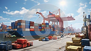 A cargo ship docked at a busy container terminal photo realistic - Generative AI.