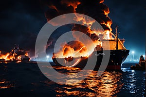 Cargo Ship Engulfed in Flames at the Seaport: Grain Scattered Amid the Explosion, Smoke Billowing in the Aftermath