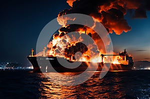 Cargo Ship Engulfed in Flames at the Seaport: Grain Scattered Amid the Explosion, Smoke Billowing in the Aftermath