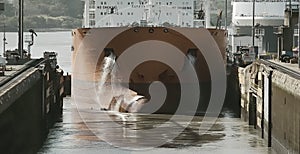 Cargo Ship Entering Miraflores Locks At Panama Canal, Panama