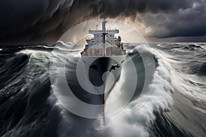 Cargo ship fighting with huge storm dangerous cyclone. Generative AI