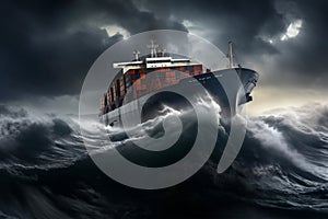 Cargo ship fighting with huge storm dangerous cyclone. Generative AI