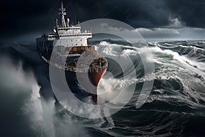 Cargo ship fighting with huge storm dangerous cyclone. Generative AI