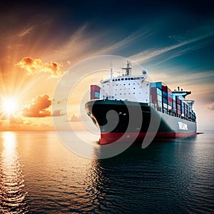 Cargo ship freight sailing on the sea with sunset sky , created with generative AI technology