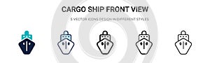 Cargo ship front view icon in filled, thin line, outline and stroke style. Vector illustration of two colored and black cargo ship