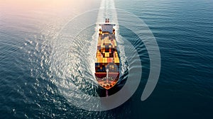 cargo ship full of standard shipping containers at the sea during shipping at day time