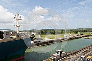 Cargo ship in the Gatun Locks, Panama