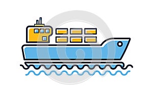 Cargo ship icon. Freighter with parcels, boxes, goods isolated on white background. Design elements, colored.