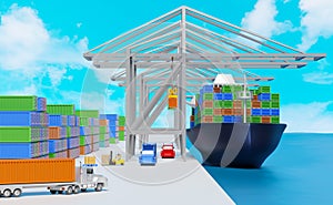 Cargo ship and industrial port with tractor and trailer or semi truck ,shipping container ,logistic import export concept ,3d