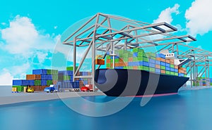 Cargo ship and industrial port with tractor and trailer or semi truck ,shipping container ,logistic import export concept ,3d