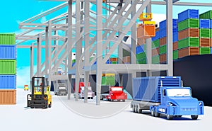 Cargo ship and industrial port with tractor and trailer or semi truck ,shipping container ,logistic import export concept ,3d